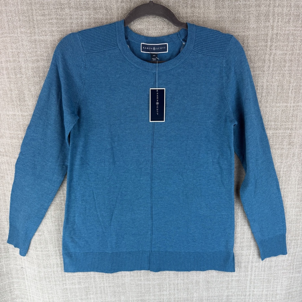 Karen Scott Sweater Womens XS Blue Pullover Crew Neck Raglan Sleeve Lightweight